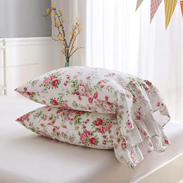 Imagem de Meaning4 Fronhas De Algodão Vintage Com Estampa Floral Rosas E Babados Longos, Capas Estilo Country Francês, Tamanho Queen, 76 Cm X 50 Cm, Pacote 2 Unidades