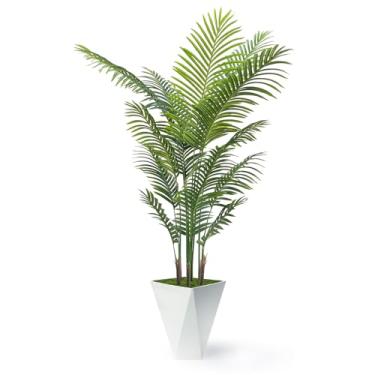 Imagem de Palmeiras artificiais para ambientes internos, planta de chão de areca tropical sintética de 1,8 m de altura com vaso alto branco, plantas de seda falsa para decoração de sala de estar e escritório