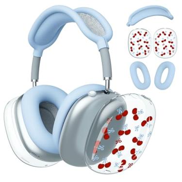 Imagem de BlHMCASE Capa de fone de ouvido para AirPods Max, lindo laço kawaii cereja transparente, capa de silicone azul para fones de ouvido para Apple AirPods Max