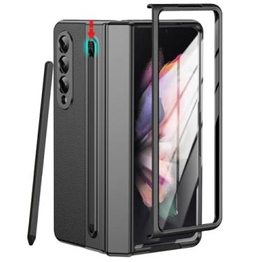 Imagem de YQODSZ Capa para Samsung Galaxy Z Fold 3 com suporte para caneta S e caneta Stylus, capa de couro premium Z Fold 3 com proteção de dobradiça, cobertura total, capa fina para Z Fold 3 preta