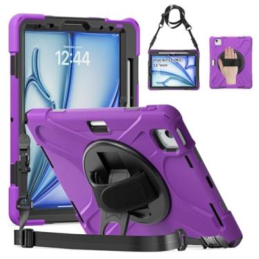 Imagem de Capa para iPad Air 11 polegadas M2 2024 (iPad Air 5ª/4ª geração 2022/2020 10,9 polegadas), capa protetora resistente à prova de quedas com suporte giratório 360, alça e alça de ombro, caneta Stylus