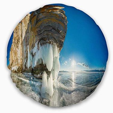 Imagem de Design Rock on Olkhon Island in Baikal Lake' Landscape Throw Round Living Room, Sofá, Almofada de alta qualidade + Capa de almofada impressa em ambos os lados 40 cm