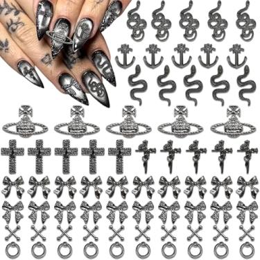 Imagem de RODAKY 70 peças de berloques de unhas pretas de Halloween 3D pingente de cruz de cobra para design punk planeta planeta arco pedras preciosas joias anéis de metal pingentes decorações DIY acessórios