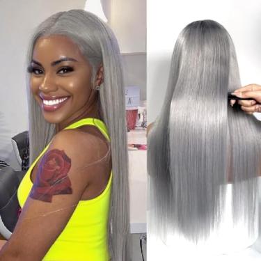 Imagem de Perucas de cabelo humano 200% 13 x 4 camadas cinza prateado cabelo humano cabelo humano remy brasileiro liso perucas cinza para mulheres negras 61 cm sem cola UHD suíço transparente peruca frontal de