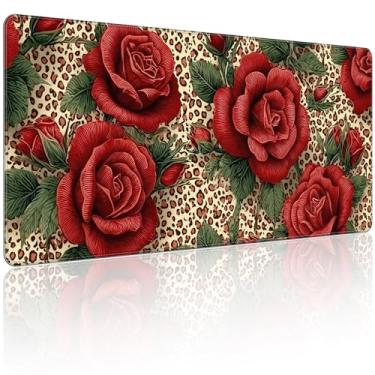 Imagem de 90 x 40 cm, mouse pad grande KOBWOPI XXL para mesa, mouse pad estendido para computador, escritório, mouse pad grande com bordas costuradas, impressão de leopardo rosa vermelha para jogos