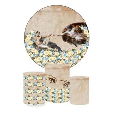 Imagem de Trio Capa Cilindro + Painel Redondo Flores Geométricas 1,50m - DECORAN