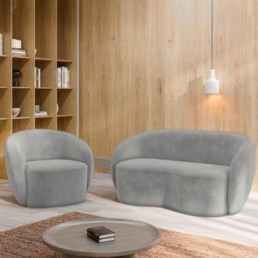 Imagem de Conjunto 1 Sofá Living 180cm e 1 Poltrona Decorativa Sala de Estar Íbis Encosto Fixo Veludo Cinza G33 - Gran Belo