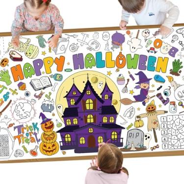 Imagem de YQUQWN Toalha de mesa gigante para colorir de Halloween, 90 × 182 cm, pôster para colorir em papel de Halloween para crianças, atividades de aniversário, sala de aula, artesanato, jogos, lembrancinhas