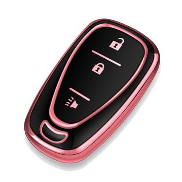 Imagem de Tukellen Capa para Chevrolet Key Fob Special Soft TPU Key Case Key Shell Compatível com Chevy Blazer Bolt EV Camaro Cruze Equinox Malibu Sonic Spark Traverse 2016-2024 (rosa, 3 botões)