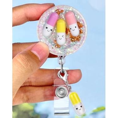 Imagem de Plifal Clipe de suporte de carretel de crachá - cápsulas de comprimidos de farmácia, rosa, amarelo, retrátil, cartão de identificação, carretel de crachá com clipe jacaré, enfermeira de escritório