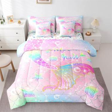 Imagem de Feelyou Jogo de cama solteiro com estampa de sereia, arco-íris, rosa, cauda de sereia, 7 peças, escama de peixe brilhante, para todas as estações