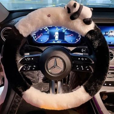 Imagem de Capa de volante de pelúcia panda, acessórios de carro de inverno, antiderrapante, quente e bonito ajuste universal