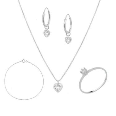 Imagem de Kit Prata 925 Colar Ponto Luz Coração e Anel Solitário