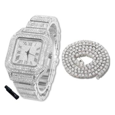 Imagem de Halukakah Relógio de diamantes para meninos e adolescentes - banhado a ouro real 18K, mostrador quadrado de 40 mm, quartzo japonês - comprimento de 20 cm - opcional com corrente de tênis, com
