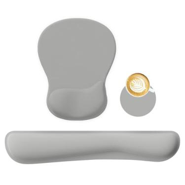Imagem de RICHEN Suporte de descanso de pulso para mouse pad e conjunto de teclado com porta-copos, espuma viscoelástica curva côncava, base antiderrapante, alívio da dor, confortável e fácil digitação para
