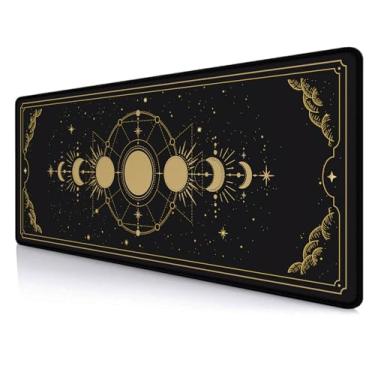 Imagem de SXCKANG Mouse pad grande para jogos Moon Phases, gráfico lunar de ciclo celestial preto e dourado, tapete de mesa de horóscopo estrelas no espaço, tapete de mesa de astronomia mística para casa e