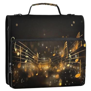 Imagem de Wassud Music Note Fichário dourado preto com zíper 3 anéis com alça de ombro e alça vários bolsos expansível organizador de pasta de arquivos