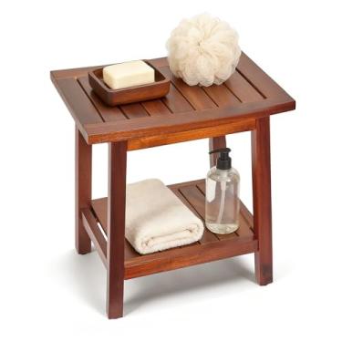 Imagem de Upolana Banco de chuveiro de teca, banco de chuveiro de madeira sólida de acácia de 41 cm, assento de chuveiro à prova d'água com prateleira de armazenamento para banheiro, uso interno e externo