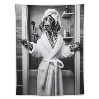Imagem de Tapeçaria de chuveiro de cachorro em roupão preto branco cena de banheiro arte engraçada para animais de estimação decoração de casa alegre decoração de casa para banheiro, quarto, vibração alegre
