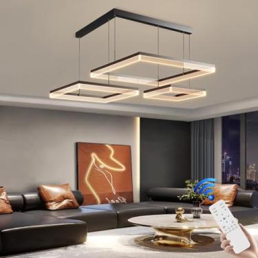 Imagem de Lustre moderno de alumínio com LED, grande, para sala de estar, luminária pendente dimerizável de 120W, formato geométrico preto, elegante, adequado para sala de estar, quarto e sala de jant