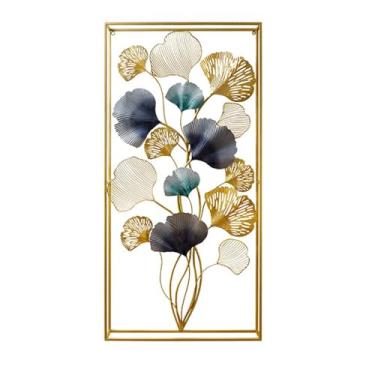 Imagem de Arte de parede de metal folhas de ginkgo decoração de parede para sala de estar, 3D ouro azul ginkgo biloba esculturas decoração de parede moderna arte para quarto sala de jantar escritório, vertical