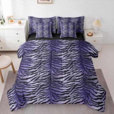 Imagem de Erosebridal Conjunto de edredom solteiro com estampa de tigre (roxo gradiente) para crianças e adolescentes | Conjunto de cama de 7 peças com estampa de animais selvagens, safári, estampa de tigre