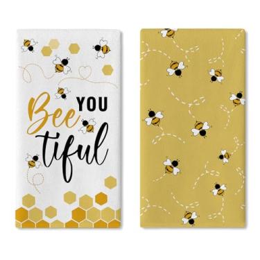 Imagem de Croar Conjunto de 2 panos de prato de cozinha Bee You Tiful, toalha de mão de secagem de favo de mel amarela, pano, colmeia de abelha, colmeia de abelha, primavera, verão, banheiro, decoração de casa