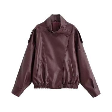 Imagem de Jaqueta De Couro Feminina Estilo Piloto Em PU Sintético Com Zíper E Go