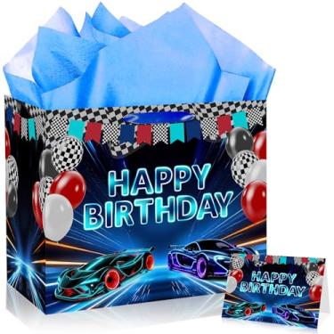 Imagem de JORHANCE Saco de presente de carro de corrida neon com papel de seda e cartão de aniversário, grande saco de papel de embrulho de carro de corrida para decorações de festa de carro de corrida e