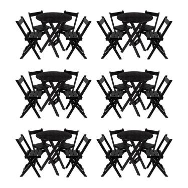 Imagem de Kit 6 Conjuntos Mesa Redondo 70cm Dobrável Com 4 Cadeiras Em Madeira Maciça - Preto - Preto