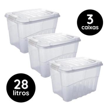 Imagem de Kit 3 Caixas Organizadoras Container 28L Tampa Trava Transparente Plás