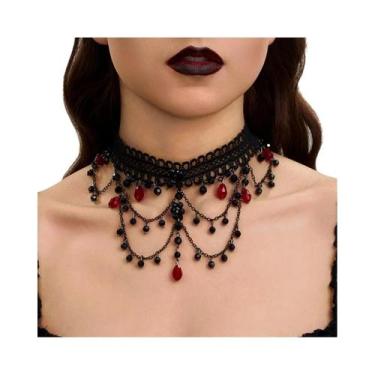 Imagem de Colar Choker Vintage Feminino Com Pérolas De Cristal Pretas E Grande P