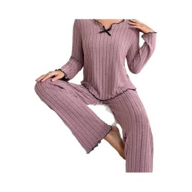 Imagem de Conjunto De Pijamas De Flanela Femininos Com Camiseta De Manga Longa E