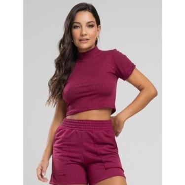 Imagem de Cropped Canelado Gola Alta Manga Curta Blusinha Básica Feminina-Feminino