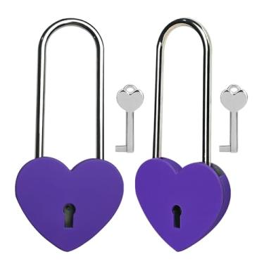 Imagem de Gradleen 2 cadeados de coração único com chave de 8,5 cm, cadeado de amor de 50 mm, acabamento fosco, cadeado de amor de metal roxo para ponte Lovelock, caixa de cartão, caixa de joias, diário, bolsa
