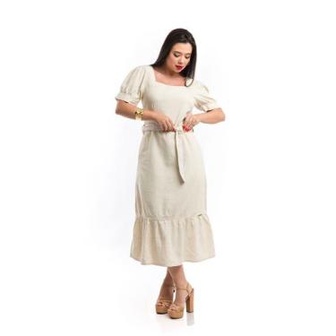 Imagem de Vestido De Linho Midi Com Mangas Bufante Tecido Premium - Restrito Jea