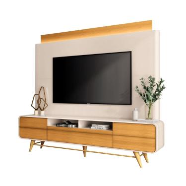 Imagem de Estante Home Theater C/ Fita LED Sala Estar TV Até 85 Polegadas 3 Portas Pés De Madeira Nobre