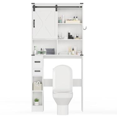 Imagem de Armário de banheiro sobre vaso sanitário, rack independente com prateleiras ajustáveis para porta e suporte de papel higiênico, armário de armazenamento sobre vaso sanitário com 2 ganchos para