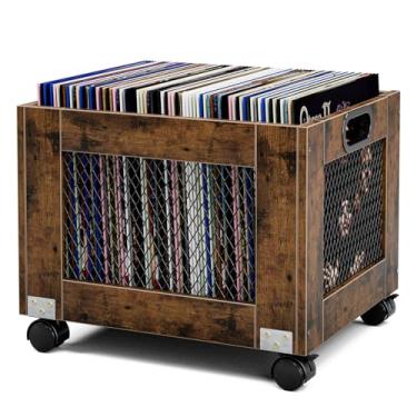 Imagem de TEMI Caixa de armazenamento de discos de vinil – Suporte grande de madeira para mais de 70 álbuns – Organizador de discos de estilo industrial e solução de armazenamento de discos durável para casa ou