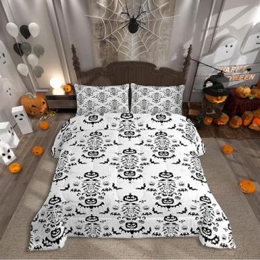 Imagem de Jogo de cama queen para Halloween, morcego preto, animal selvagem, para crianças, adolescentes e adultos, edredom acolchoado com grafite cinza abóbora e 2 fronhas
