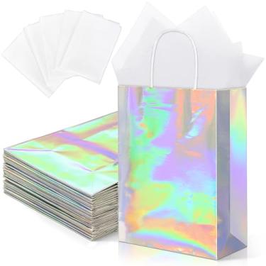 Imagem de MIMIND Pacote com 24 sacos de presente de papel iridescente com alças holográficas para lembrancinhas de festa com papel de seda 20 x 16 x 7 cm com glitter prateado saco de doces para festas de