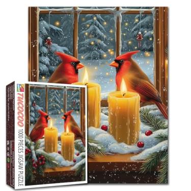 Imagem de Pássaros vermelhos com velas quebra-cabeças para adultos 1000 peças de arte de janela de neve de Natal quebra-cabeças cardeais DIY para jogos desafiadores de atividades em família, presentes de