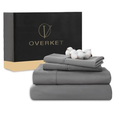 Imagem de Overket Lençóis de algodão egípcio tamanho casal 4 peças 1000 fios trama cetim macio respirável bolso profundo 40,6 cm (completo, cinza escuro)