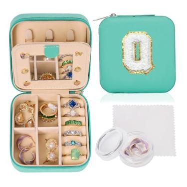 Imagem de Ulico Estojo de joias de viagem – pequena caixa organizadora com espelho, suporte para mulheres, meninas, amigas, irmã, presente de aniversário, inicial azul Q