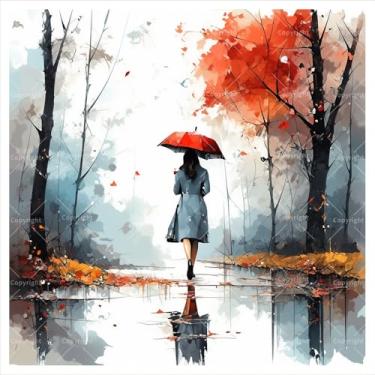 Imagem de Kit de pintura digital de outono para adultos - DIY mulher com guarda-chuva vermelho pintura a óleo sobre tela 20 x 20 cm, kit de tinta acrílica emoldurada, bom para iniciantes, decoração de casa ou