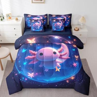 Imagem de Jogo de cama Axolotl universo, salamandra, universo, 7 peças, solteiro, planetas com glitter, lençol com estampa de borboletas, gradiente, para decoração de quarto de meninos e adolescentes, azul