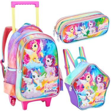 Imagem de Kit Mochila Rodinhas Lancheira Estojo Feminino Rainbow Poney
