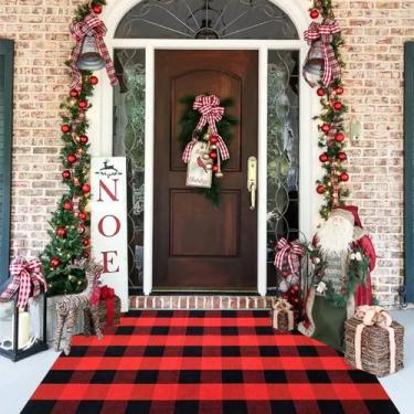 Imagem de Tapete Bottalive 91x152 cm vermelho preto xadrez de algodão ao ar livr