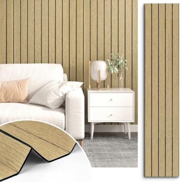 Imagem de STICKEEP Painel de parede de ripas de madeira bege painéis de parede de madeira à prova de som para decoração de parede interior para sala de estar 30,5 cm x 508 cm
