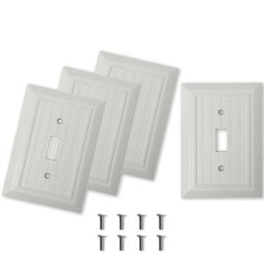 Imagem de Placas de parede brancas, capas de placa de interruptor de grão de madeira, pacote com 4 capas decorativas de interruptor de 1 gangue, placa de parede estilo texturizado vintage, tamanho padrão 8 cm x